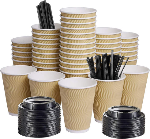 SPRINGPACK Disposable Paper Coffee Cups with Lids, 100 pack 12 oz Ripple Wall