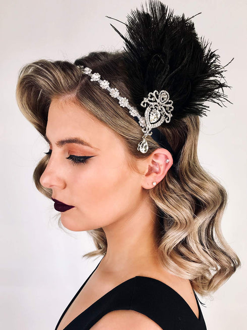 SWEETV 1920s Black Feather Headpiece, Women's Ostrich Feather Crystal Headband for Great Gatsby Hair Accessories