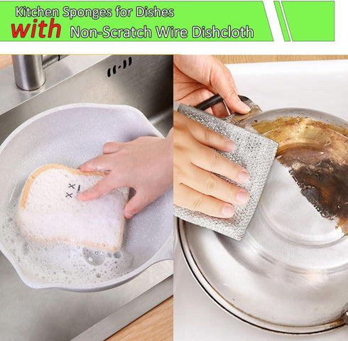 6 Pack Non Scratch Wire Dishcloth with 1 Kitchen Sponge, Powerful Cleaning Cloth for Cookware