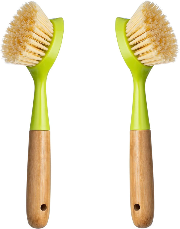 2 Pack Kitchen Dish Brush with Bamboo Handle, Built-in Scraper Scrub Brush for Pans, Pots, and Kitchen Sink Cleaning,