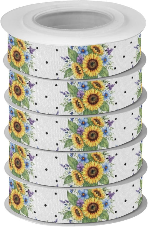 YKZEYK 1/2" 25 Ribbon for Gift Wrapping Sunflowers Flowers White Print Fabric Ribbon Yards, Thick Gift Wrap Ribbons