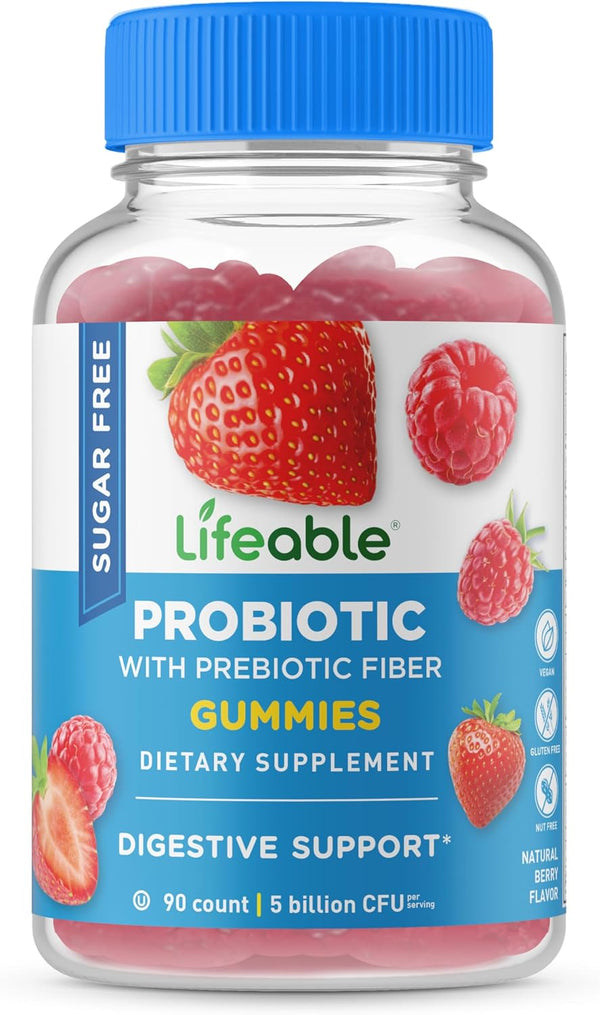 Lifeable Sugar Free Probiotics with Prebiotics Fiber – Tasty Gummy Supplement for Gut Health and Immune Support – 90