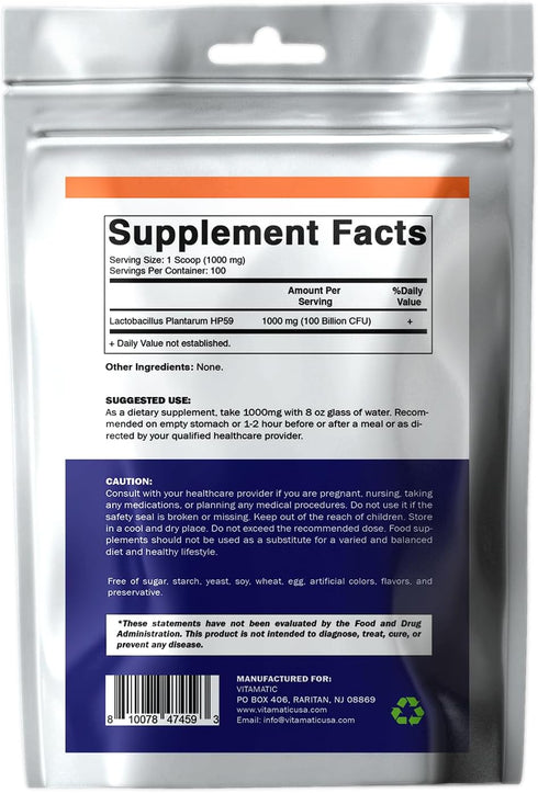 Vitamatic Lactobacillus Plantarum Probiotic Powder, Digestive Health Support, 100 Gram (3.5 OZ), 100 Servings