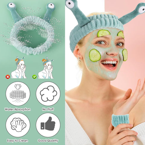 Spa Headband and Wristband Set, Snail Coral Fleece Hair Band for Washing Face, Cute Hair Accessories (Green).