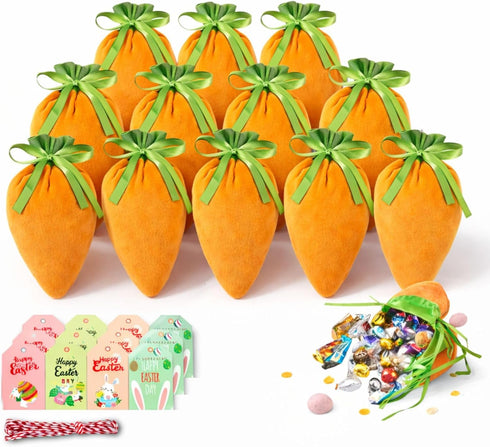 MiYarBoO Easter Treat Bags, Velvet Carrot Drawstring Candy Pouches with Hang Tags &