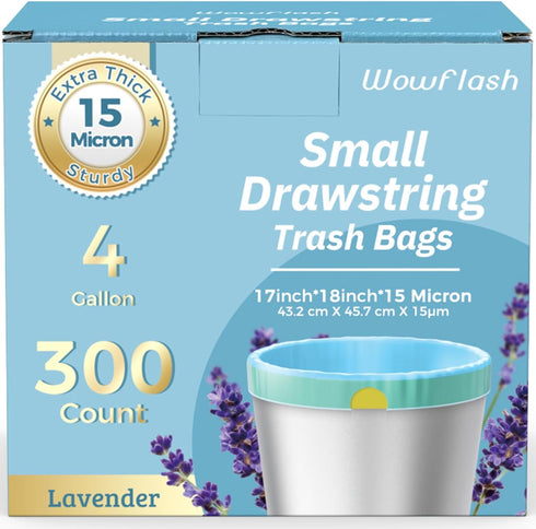 Wowflash 300 Count 15 Micron Extra Thick 4 Gallon Drawstring Small Trash Bags,