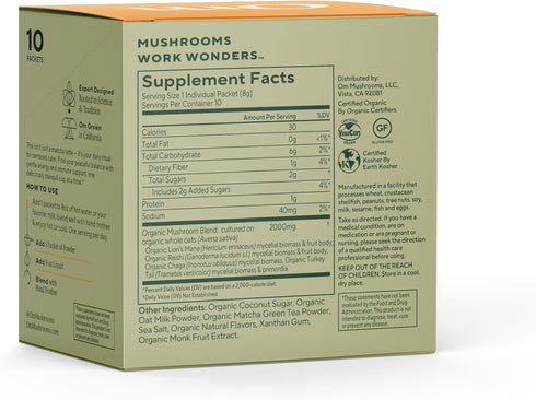 Packets (10 Count) OM MUSHROOM SUPERFOOD Matcha Latte Blend Green Tea Mushroom Powder with Lions Mane, Reishi, Chaga