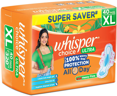 WHISPER 40S Choice Sanitary Pads with Wings for Women, XL, Napkins