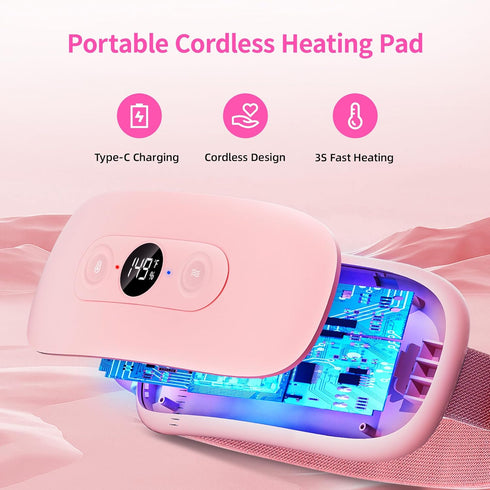 Portable Electric Heating Pad for Period Cramps, 30 to 60 Minutes Timer, 6 Heat Levels, Menstrual Heating Pad Pink