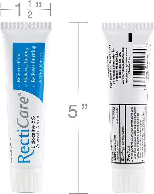 RectiCare Anorectal Lidocaine 5% Cream for Hemorrhoids & Anorectal Disorders, 30g Tube