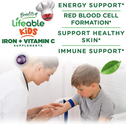Iron Supplements for Kids, 10mg with Vitamin C, Great Tasting Iron Gummies for Immune Health, 90 Gummies
