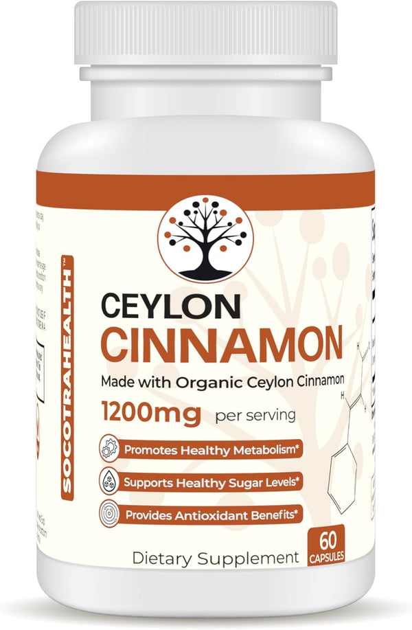 Ceylon Cinnamon Supplement - Certified Organic, Non-GMO, Gluten Free, Supports Healthy Metabolism, 60 Vegan Capsules