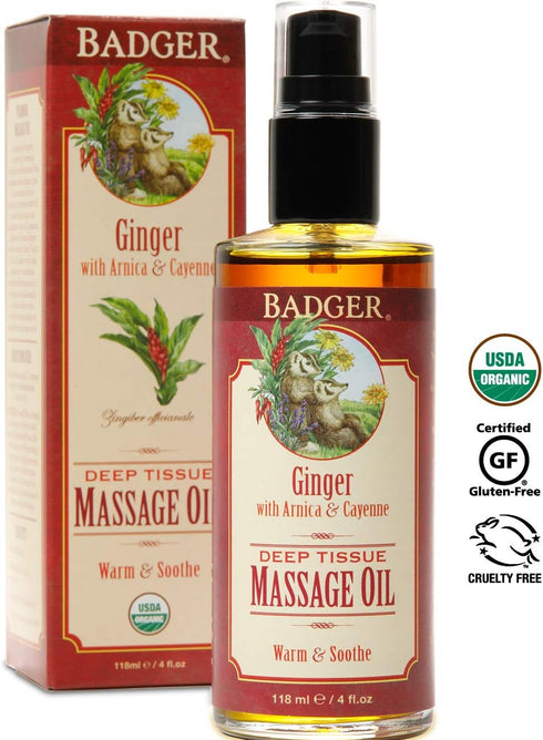 Badger Ginger Massage Oil, 100% Organic, 4 fl oz Glass Bottle, w/Arnica Oil & Cayenne for Deep Tissue Relief