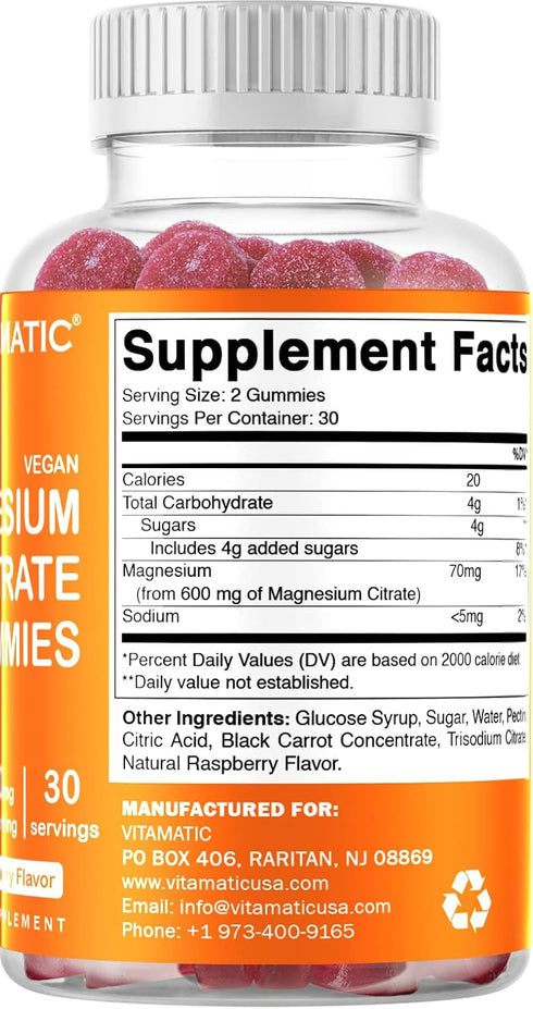 Vitamatic Magnesium Citrate Gummies 600mg per Serving, 60 Vegan Gummies for Relaxation & Energy Support