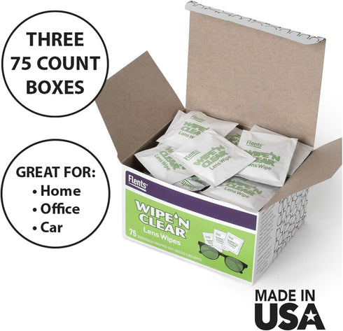 Flents Eyeglass Cleaner Lens Wipes - 225 Count (3 Boxes of 75) Individually Wrapped Pre-Moistened Cleaning Cloths Anti-Streak for Eyeglasses, Sunglasses, Phone Screens, Computer Monitors