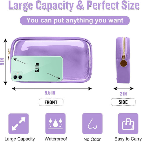 Small Clear Travel Makeup Organizer Bag, Cute Preppy Cosmetic Zipper Pouch for Women, Purple