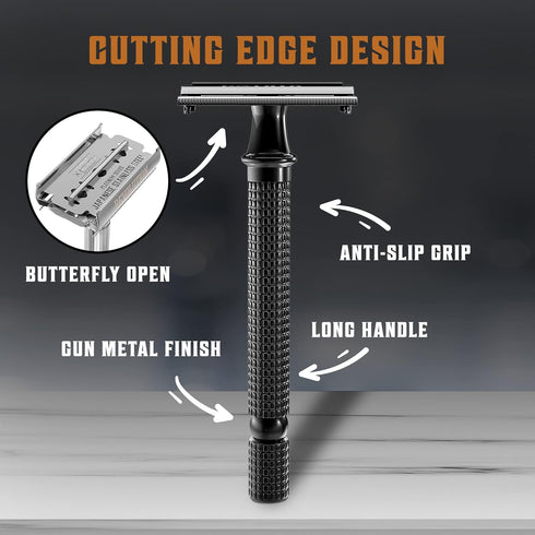 SHAVING REVOLUTION Long Handle Double Edge Safety Razor - Butterfly Open Razor with 10 Blades