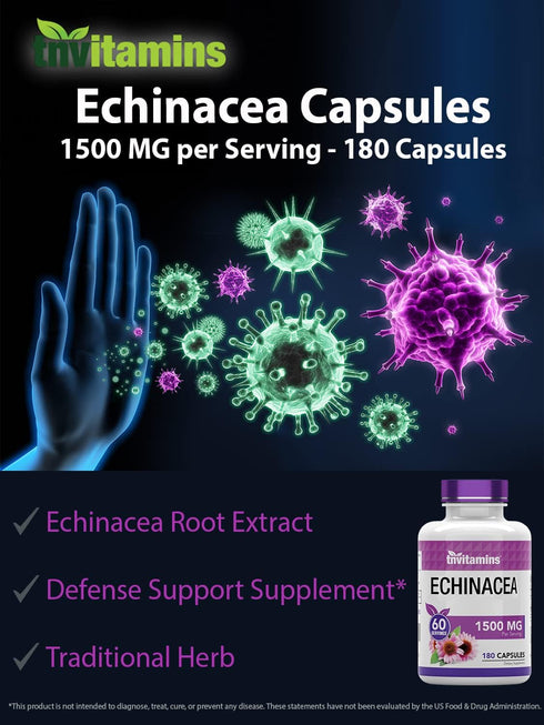 Echinacea Capsules, 1500 mg Per Serving, 180 Capsules, Herbal Extract Supplement, USA Made