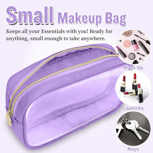 Small Clear Travel Makeup Organizer Bag, Cute Preppy Cosmetic Zipper Pouch for Women, Purple