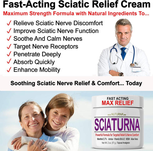 Sciatica Nerve Cream - Maximum Strength Comfort Cream for Feet, Hands, Legs, Toes, Back - Natural Ultra Strength Arnica, MSM, Menthol, Soothing Comfort, Medium 2 Oz