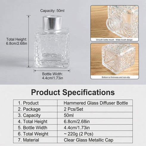 TUPANDY 2PCS 50ml/1.7oz Set Glass Diffuser Bottles with Cap, Small Square-Shaped Essential Oil Container, DIY