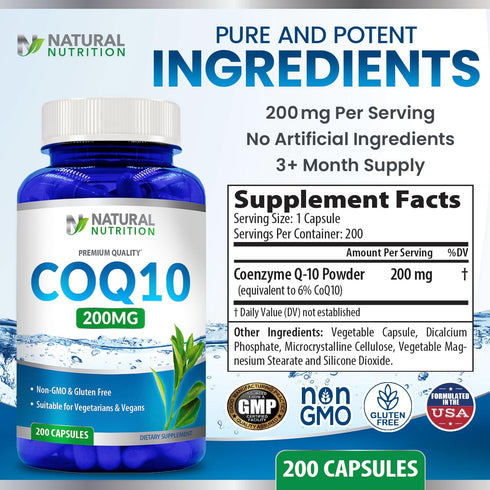 Generic Natural Coq10 200mg Vitamin, 200 Capsules - Quick Absorption, Gluten Free & Non-GMO