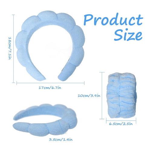 Spa Headband for Washing Face, Sponge Makeup Skincare Headband & Wristband Set Non Slip Headbands Soft Puffy Headwear Hair Accessories for Women Girls, Blue