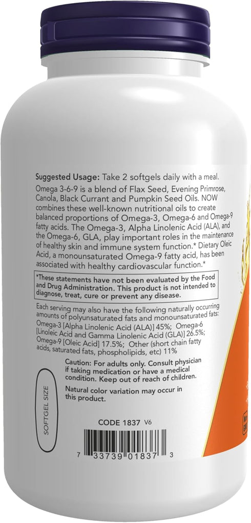 NOW Supplements Omega 3-6-9, 250 Softgels | 1000 mg with Flax Seed, Evening Primrose, Canola, Black Currant & Pumpkin