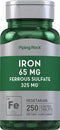 Iron Ferrous Sulfate 65 mg 250 Tablets | High Potency Vegetarian, Non-GMO, Gluten Free Supplement