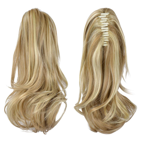 SOFEIYAN 13" Long Curly Ponytail Extension, Clip in Claw Hair Extension, Light Ash Brown & Bleach Blonde