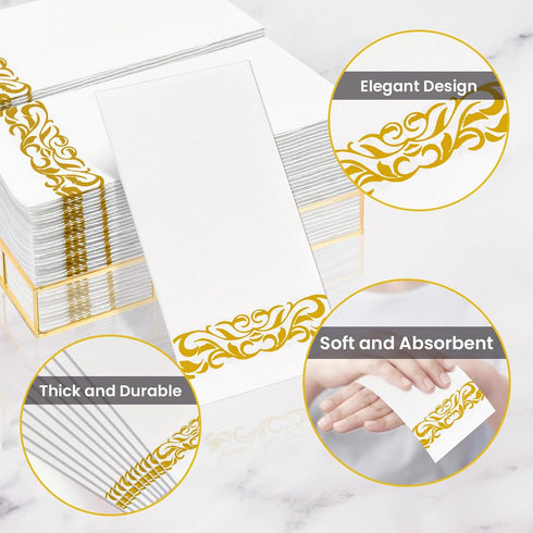 100 Disposable Gold Napkins, Decorative Paper Dinner Napkins Bulk, Thick Linen Feel Guest Hand Towels for Party Holiday