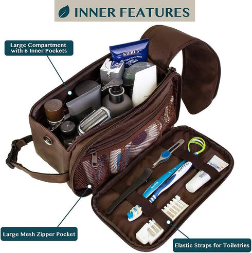 PAVILIA Toiletry Bag for Men, Dark Brown Travel Essentials Shaving Dopp Kit, Organizer Case for Grooming