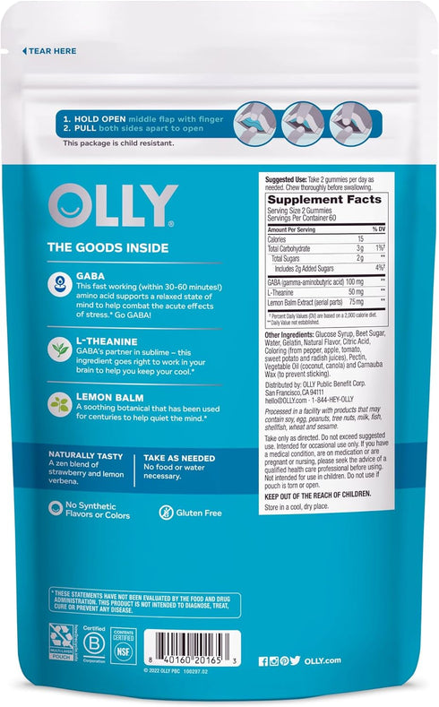OLLY Goodbye Stress Gummy, Stress Relief Supplement with GABA and L-Theanine, Berry Flavor - 120 Count