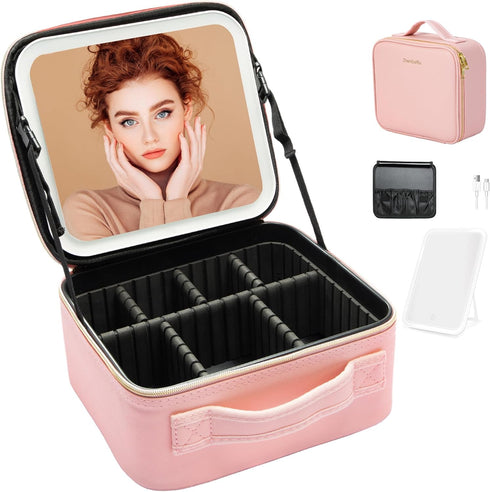 Travel Makeup Bag with LED Lighted Mirror, Adjustable Brightness, Waterproof Cosmetic Train Case Organizer