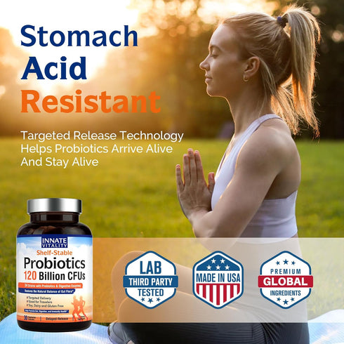 Innate Vitality Probiotics 120 Billion CFUs - 30 Vegan Capsules for Men & Women with Prebiotics & Digestive Enzymes