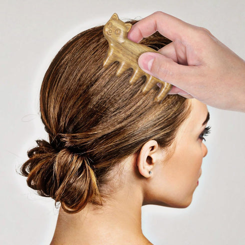 Ipetboom 3.1In Wooden Scalp Massage Comb: Cat Shape Sandalwood Head Wide Tooth Massager for Hair GuaSha, Hair Care
