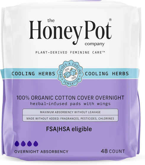 The Honey Pot Company Herbal Pads for Women, 48 ct Overnight Pads w/Wings, Organic Cotton Cover & Essential Oils