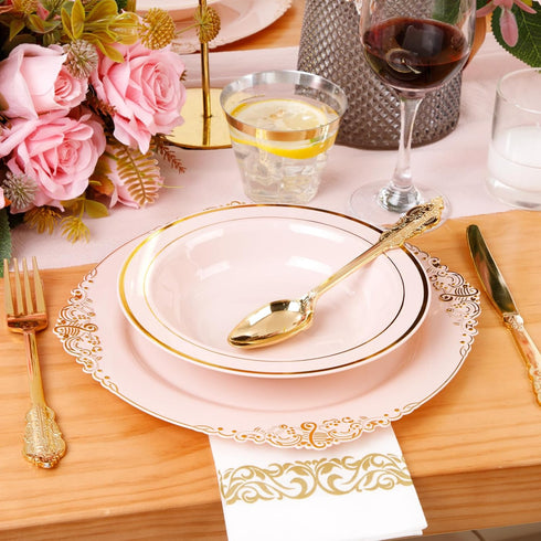 Nervure 50 Pack Pink Plastic Bowls with Gold Rim, 12oz Disposable Soup Bowls for Weddings, Parties, Everyday Use