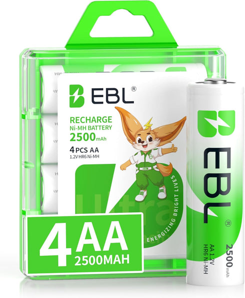 EBL AA Rechargeable Batteries - 1.2V 2500mAh High Performance Pre-Charged AA Batteries, 4 Pack