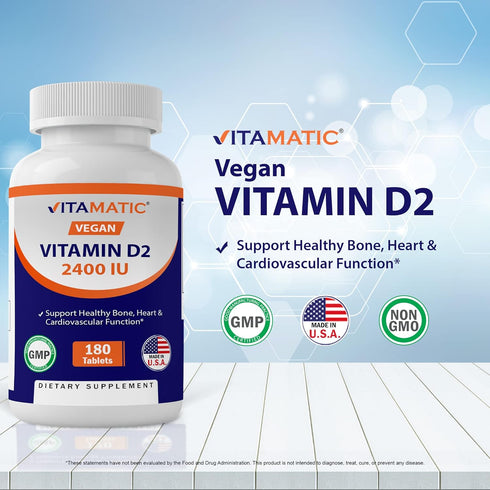 Vitamatic Vitamin D2 60 mcg (2400 IU) - Ergocalciferol, 180 Vegetarian Tablets (Pack of 1) (3 Bottles)