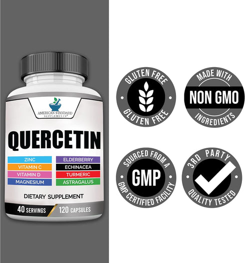 American Standard Supplements Quercetin 1000mg - 120 Capsules with Zinc, Vitamin C, D3, Magnesium & Elderberry, Gluten