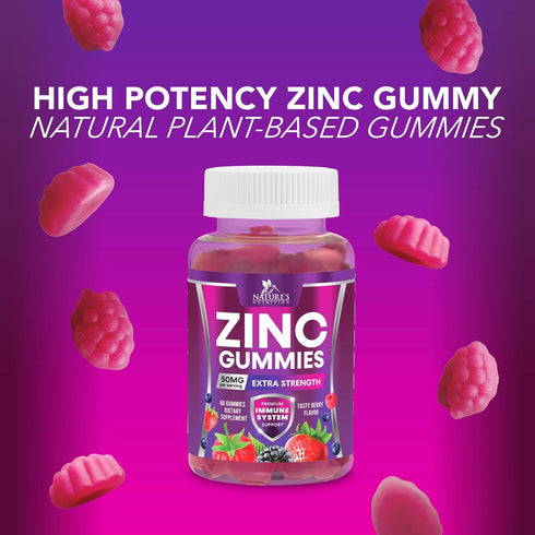 Zinc Gummies 50mg, Bone Skin & Immune Support, Vegan Gluten Free Chewable Supplements, 60 Gummies