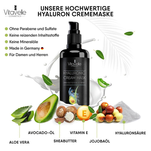 Hydrating Face Mask – Hyaluronic Acid Moisturizer with Avocado Oil, Shea Butter, Aloe Vera, Vegan, Anti Aging