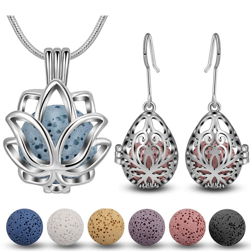 Essential Oil Diffuser Necklaces & Earrings Set, Women Aromatherapy Jewelry with Lava