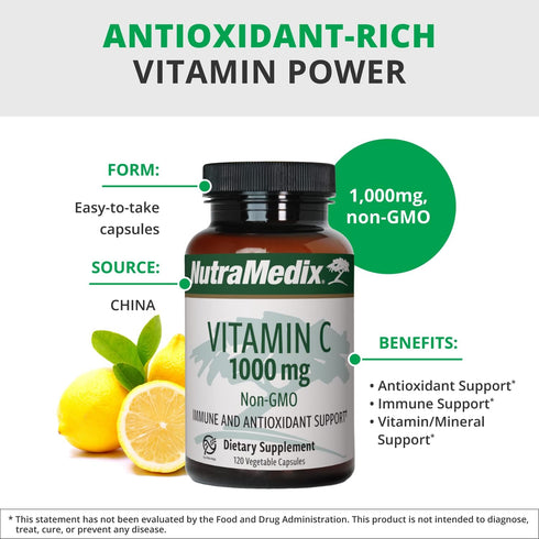 NutraMedix Vitamin C 1000mg - Immune Support & Heart Health Supplement, 120 Vegan Vegetarian Capsules