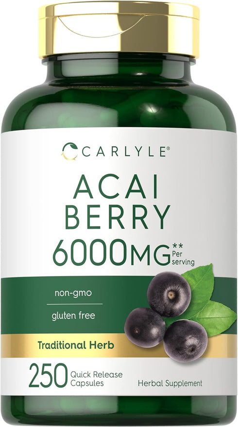 Carlyle Acai Berry Capsules 6000mg - 250 Count, Non-GMO & Gluten Free Acai Berry Extract