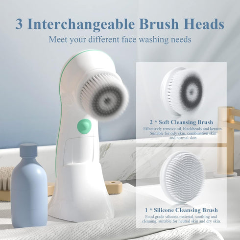 TOUCHBeauty Electric Facial Cleansing Brush with Stand, 3 Brush Heads, 2 Speeds, IPX5 Waterproof