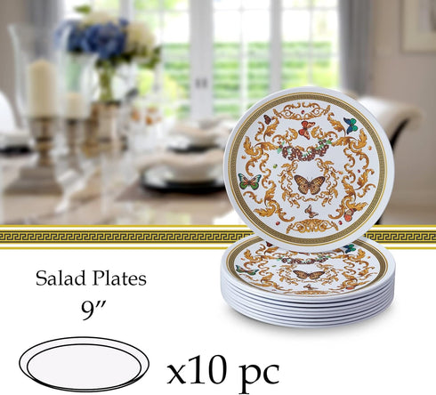 SILVER SPOONS 10 PC Heavy Duty Disposable Dinner Set, White and Gold Plastic Plates for Party, 9" Fine China Look