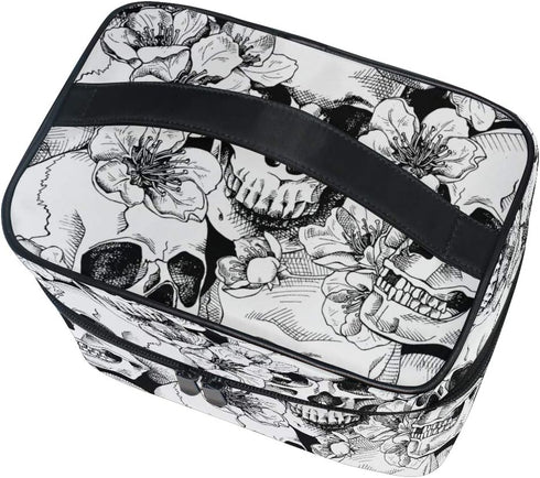 Makeup Train Case Sugar Skull Mexican Floral, Portable Zip Travel Cosmetic Brush Organizer for Girls Women