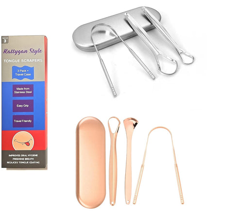 Metal Tongue Scrapers, 3 Piece Set 304 Stainless Steel with Storage Case
